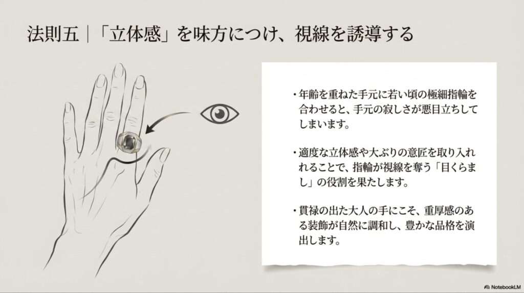 重厚感のある装飾が指のエイジングサインから視線を奪う「目くらまし」の役割を果たし、品格を演出する解説スライド。