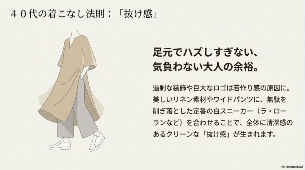 40代の着こなし法則。足元でハズしすぎず、無駄を削ぎ落とした白スニーカーを合わせることで生まれる気負わない大人の余裕と抜け感