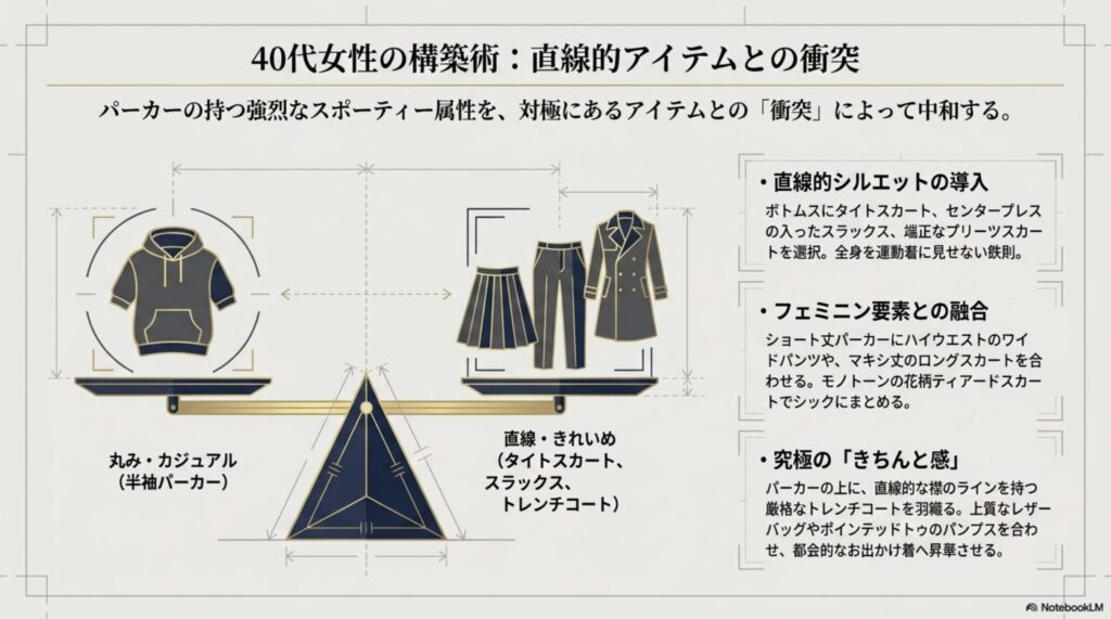 丸みのある半袖パーカーに、タイトスカートやセンタープレススラックスなど直線的なきれいめアイテムを合わせる洗練コーデの法則