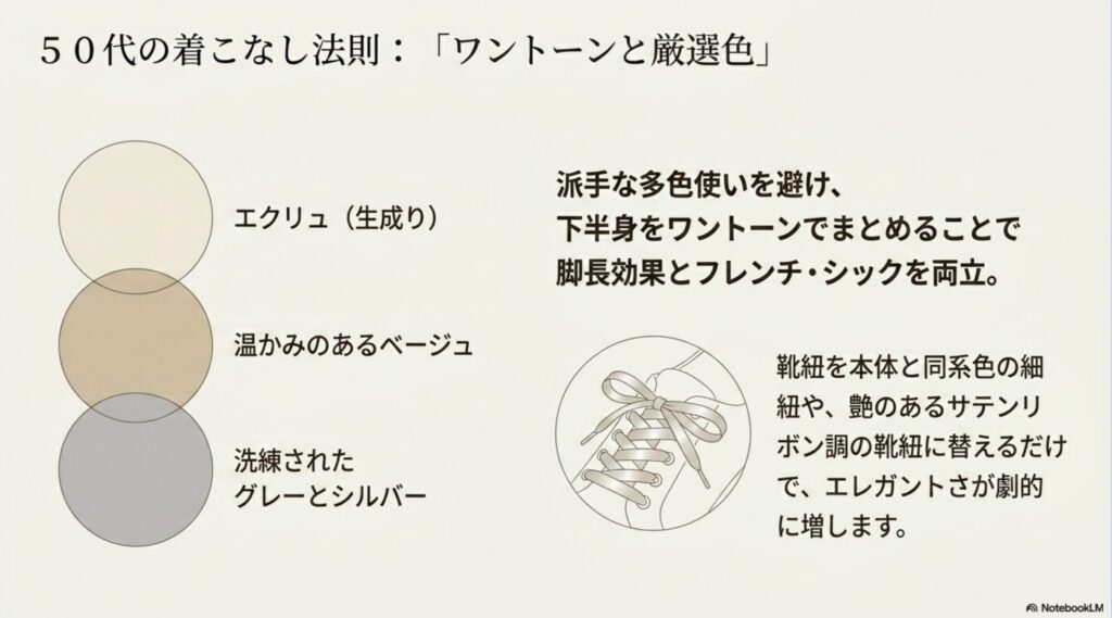 50代の着こなし法則。エクリュやベージュ、グレーなどを選び、下半身をワントーンでまとめて脚長効果とフレンチシックを両立する方法