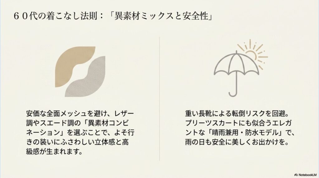 60代の着こなし法則。レザー調やスエード調の異素材コンビネーションで高級感を出し、晴雨兼用モデルで雨の日も安全にお出かけを楽しむ方法