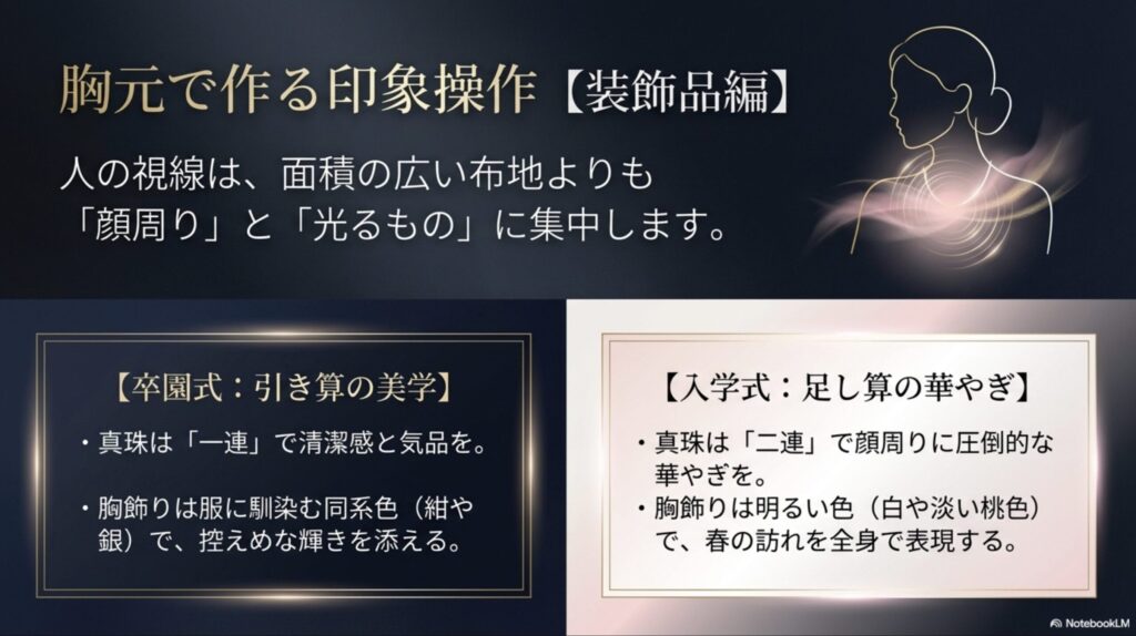 卒園式の控えめなパールとコサージュ、入学式の二連パールと明るい色の胸飾りによる印象の違いを解説する資料