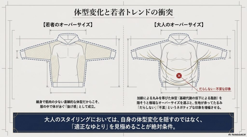 若者の直線的な体型と大人の丸みを帯びた体型の違い、および無理なオーバーサイズが野暮ったさを生む仕組みの解説図