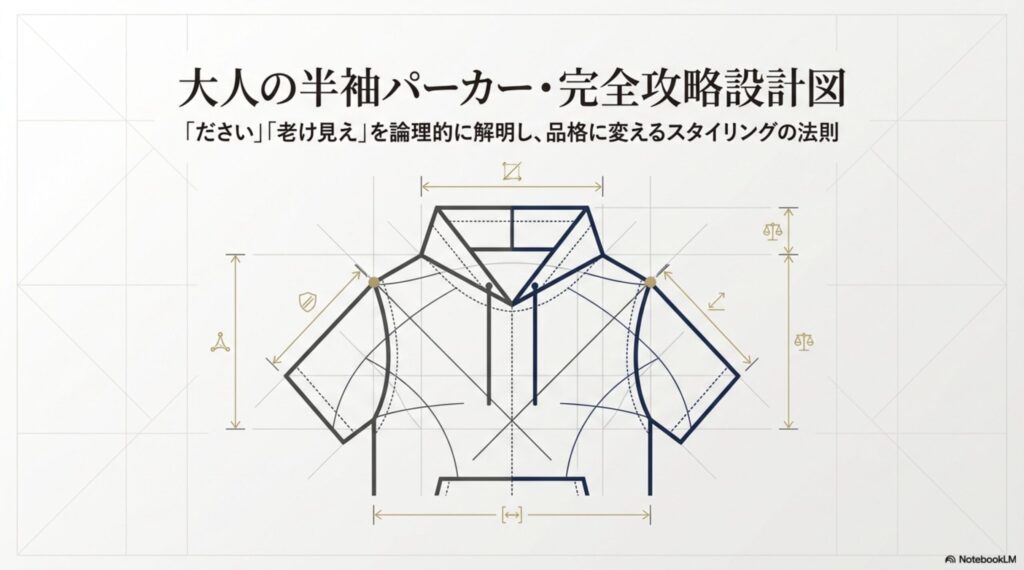 「大人の半袖パーカー・完全攻略設計図」というタイトルと、品格に変えるスタイリングの法則を解説することを伝えるアイキャッチ画像