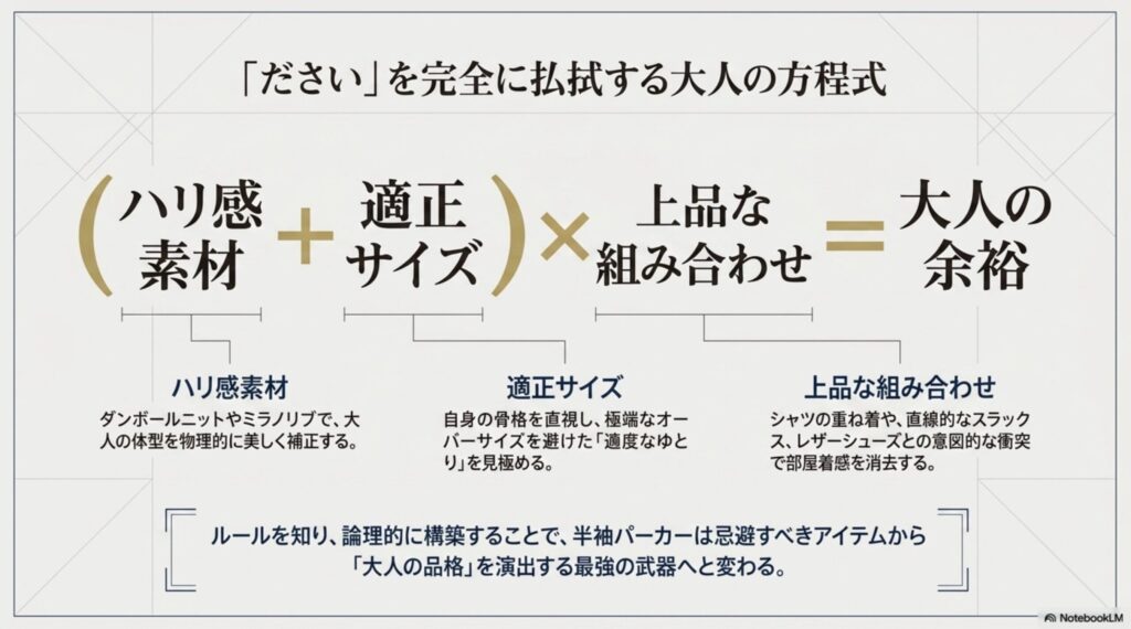 素材選び・サイズ感・コーディネート構築の3点について、だささを回避するためのポイントを凝縮した総まとめスライド