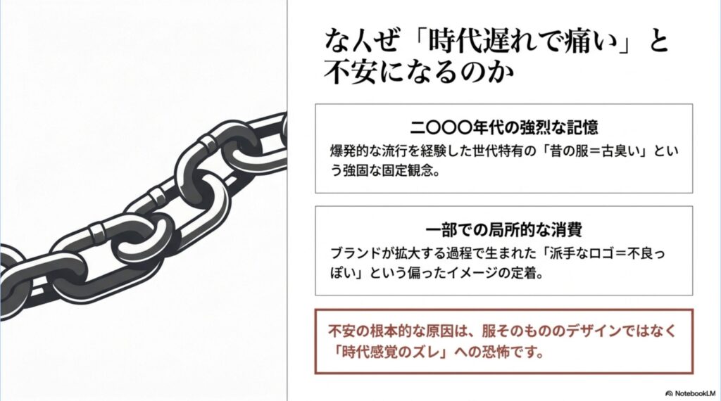 ヒステリックグラマーが時代遅れで痛いと不安になる理由（2000年代の強烈な記憶や局所的な消費によるイメージ）を解説したスライド