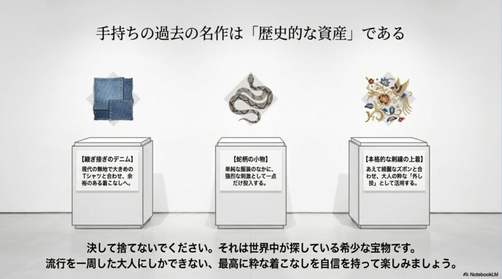 ツギハギデニムや蛇柄小物、本格刺繍の上着など、手持ちの過去の名作アイテムを現代風に着こなす方法を解説したスライド