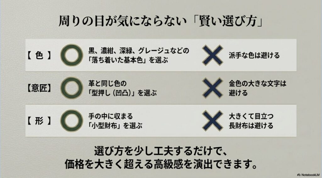 落ち着いた基本色を選ぶ 、型押しを選ぶ 、小型財布を選ぶ  という3つの工夫で高級感を演出する選び方まとめ