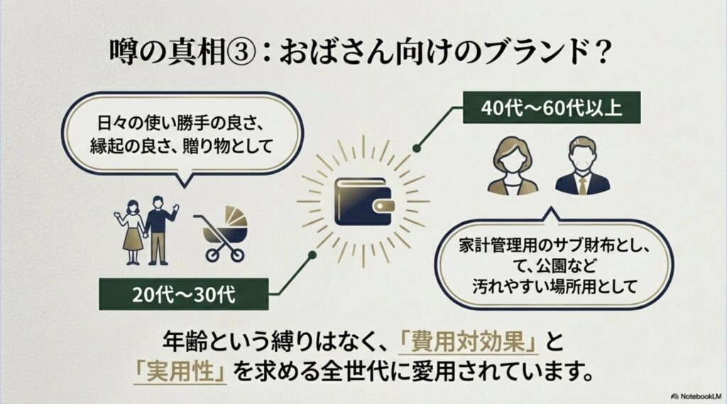 40〜60代のメイン財布としての利用と、20〜30代のサブ財布としての活用シーンを比較したターゲット層の解説図