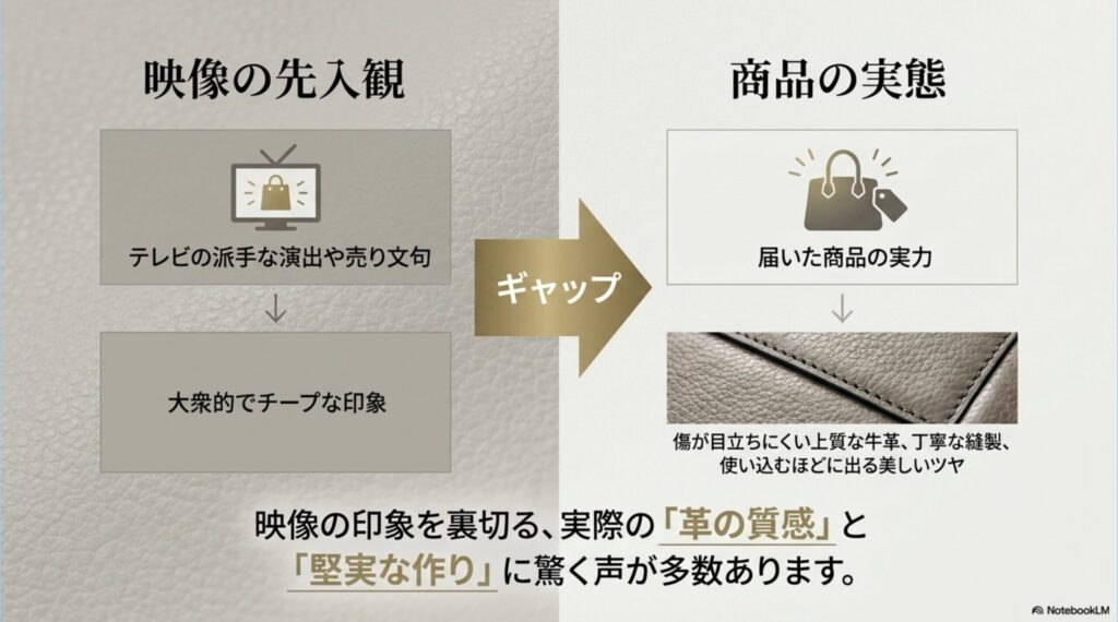 テレビ通販の派手な演出による「安っぽい」印象と、実際に届く商品の「上質な牛革」や「堅実な作り」のギャップを解説した図