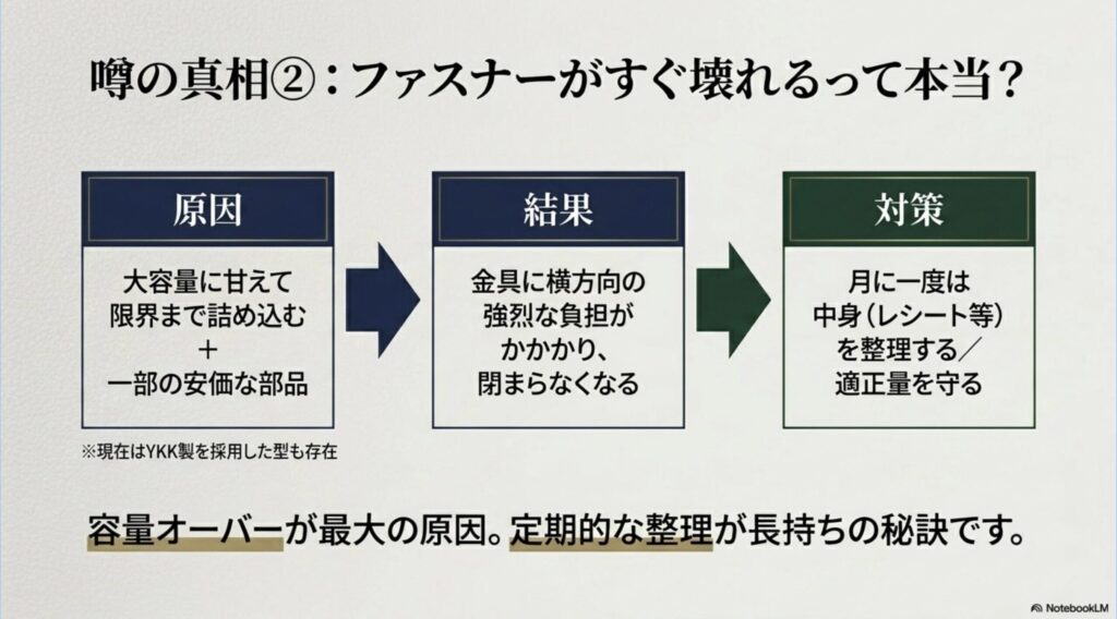 財布の詰め込みすぎによるファスナーへの負担と、定期的な中身の整理による故障対策をまとめたスライド