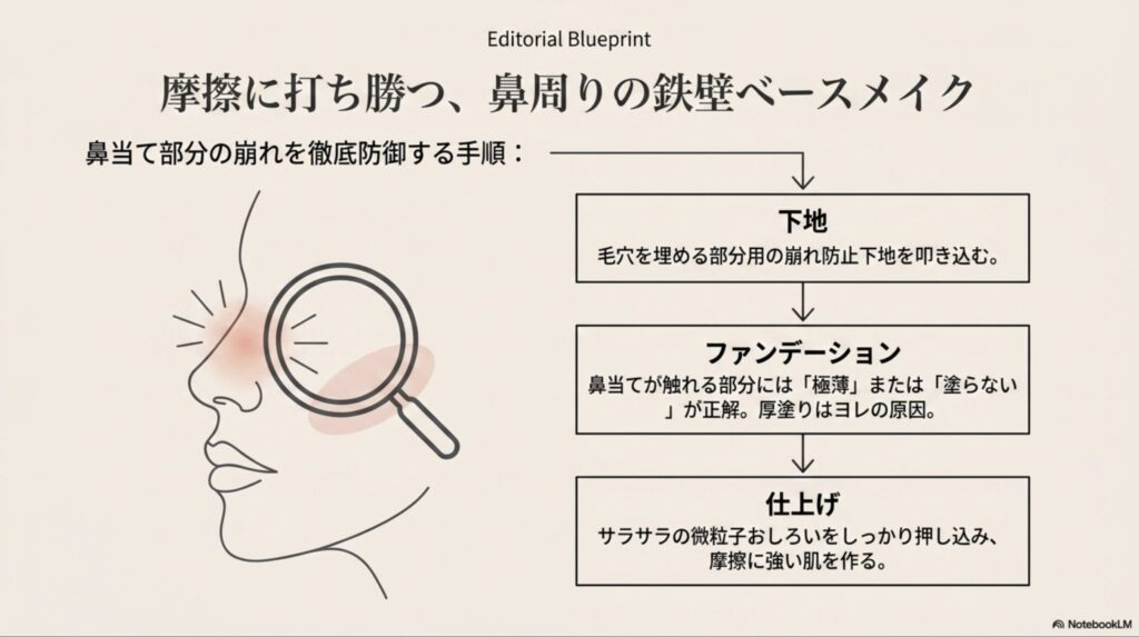 鼻当て部分の崩れを防ぐための、下地（叩き込む）、ファンデーション（極薄）、仕上げ（おしろいで押さえる）の3ステップ。