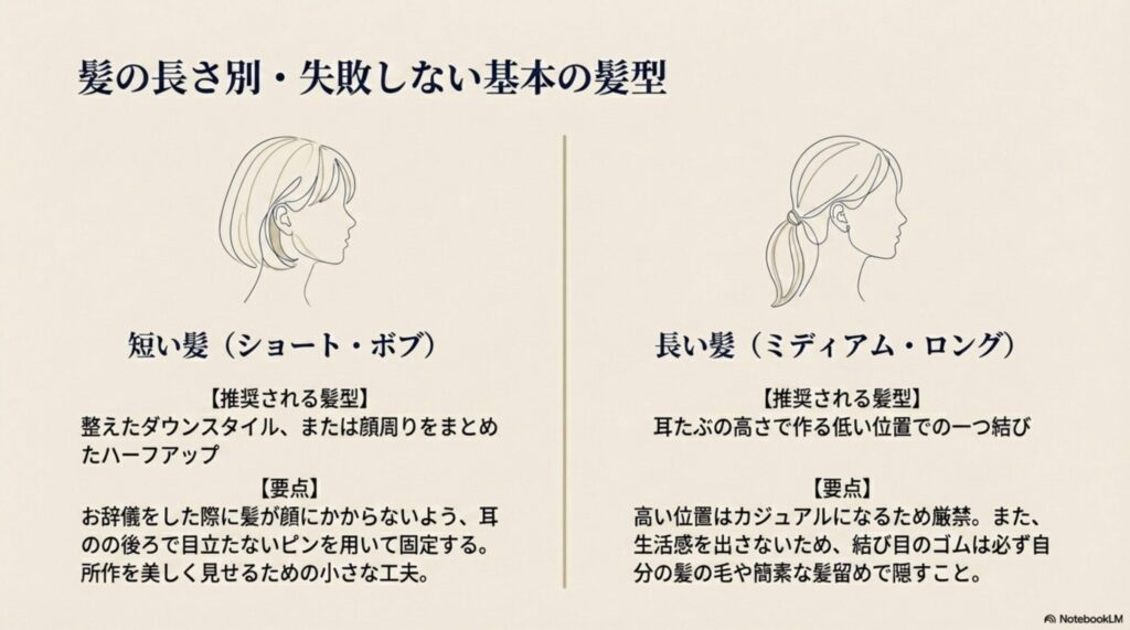 髪の長さ別・失敗しない基本の髪型。ショート・ボブ向けの整えたダウンスタイルやハーフアップと、ミディアム・ロング向けの低い位置での一つ結びの要点。