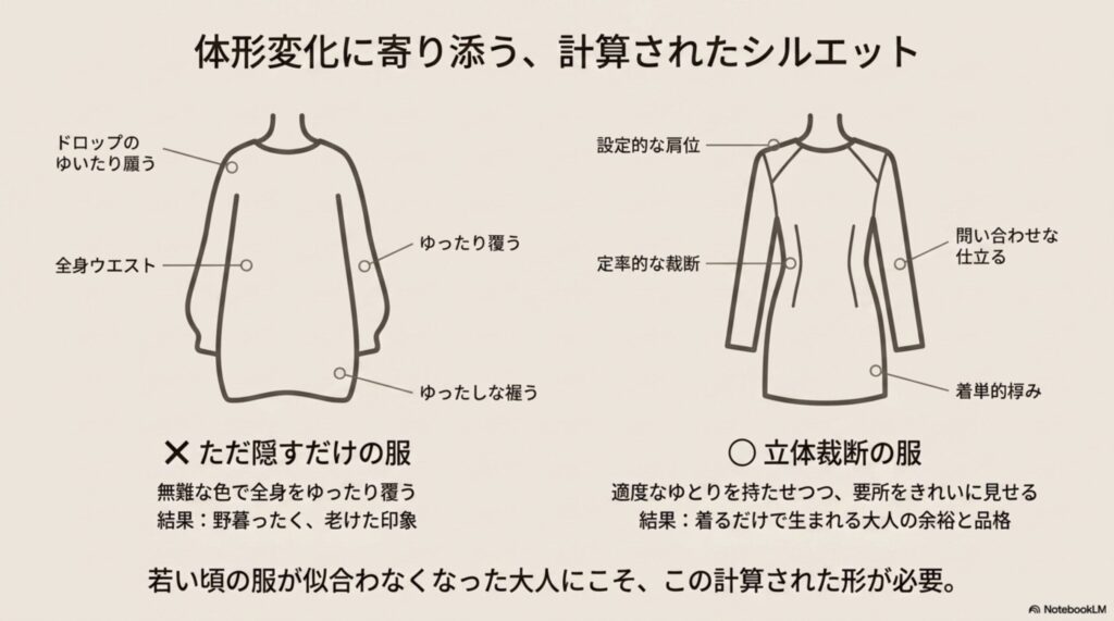 体型変化に寄り添う計算されたシルエット。ただ隠すだけの野暮ったい服と、適度なゆとりを持たせつつきれいに見せる立体裁断の服の比較。