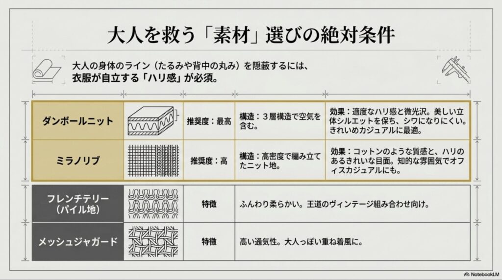 ダンボールニットやミラノリブなど、身体のラインを拾わず立体的なシルエットを保つための推奨素材リスト