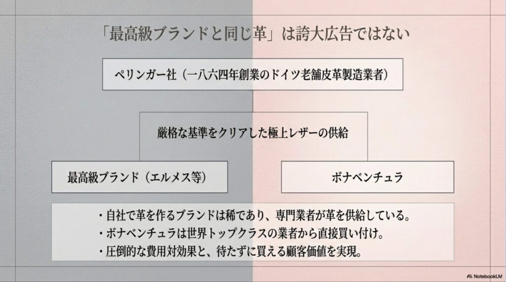 ドイツの名門タンナー・ペリンガー社から、エルメスなど最高級ブランドと同等の革を直接買い付けている仕組みを示す図解