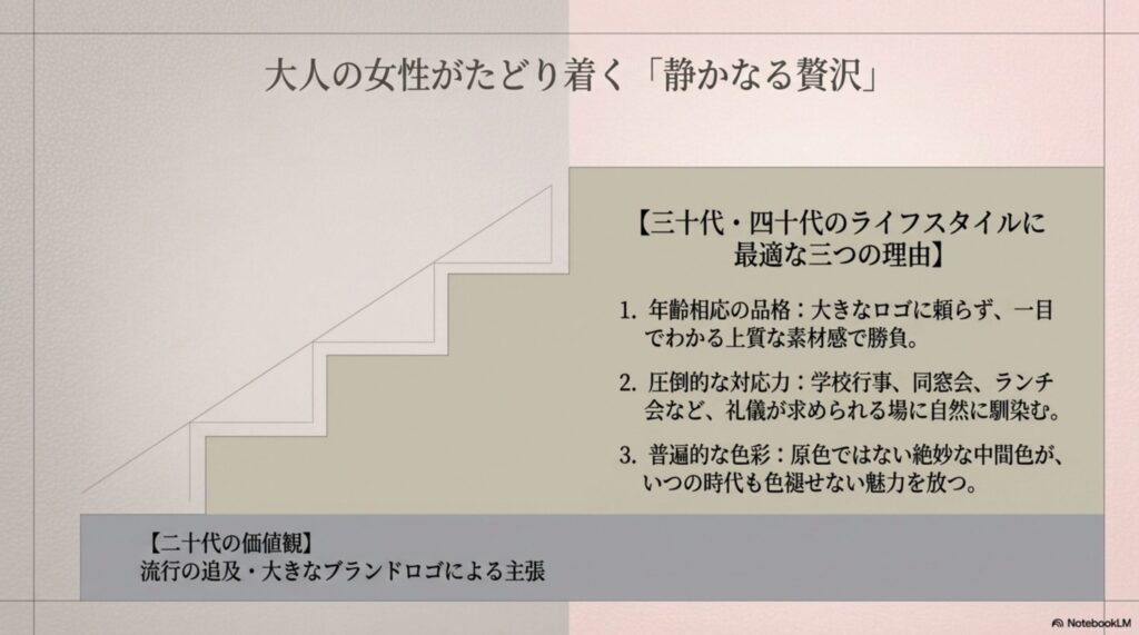年齢相応の品格、圧倒的な対応力、普遍的な色彩の3点からボナベンチュラの魅力を解説したスライド