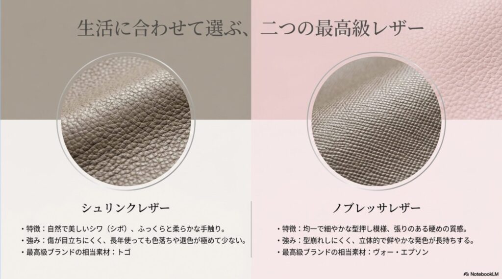 ボナベンチュラの代表的な素材であるシュリンクレザーとノブレッサレザーの特徴、およびエルメスの相当素材（トゴ、エプソン）との比較表