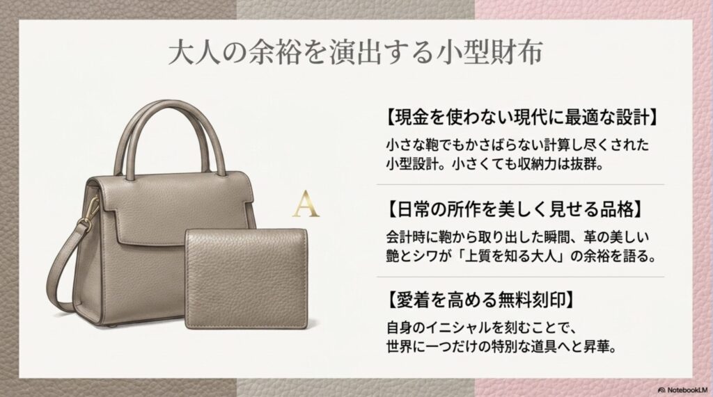 ボナベンチュラの小型財布のミニマルな設計、所作を美しく見せる品格、愛着を高める無料刻印サービスについての解説