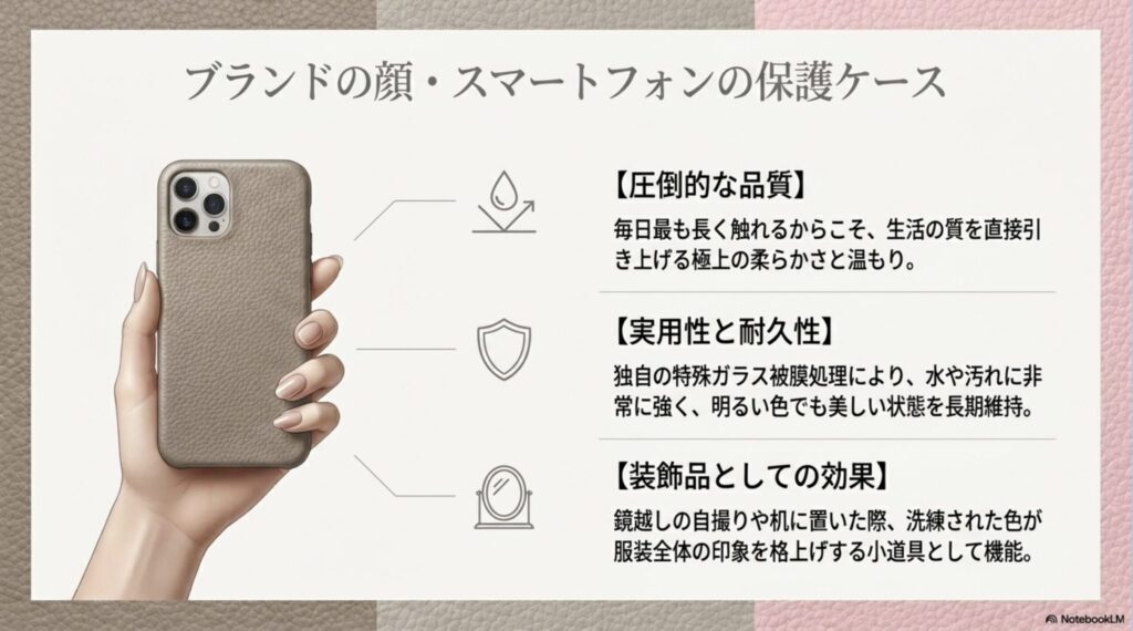 ボナベンチュラのスマホケースの極上の品質、水や汚れに強い耐久性、ファッションを格上げする装飾品としての効果の解説