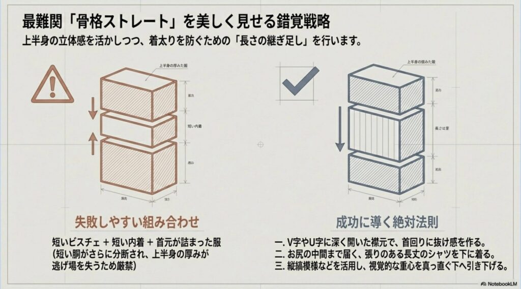 「若作り」を「気品」へ昇華する大人の法則。装飾や色使いを削ぎ落とす引き算の美学。色彩の調和戦略（同系色で統一）、端正な衣服への移行（張りのある綺麗な衣服を基盤にする）、足元の引き締め（革靴で品格を高める）。