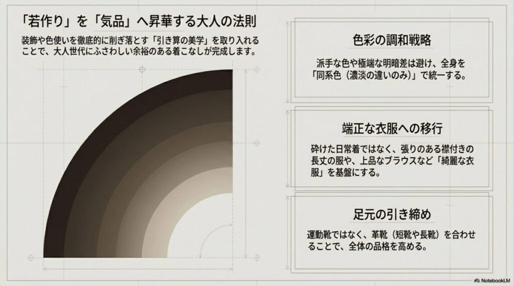 身体の特徴を知る骨格別スタイリング最適解。骨格ストレート（短い丈は厳禁で丈の長い服を下に着る）、骨格ウェーブ（胸下の短い丈が得意で視線を上に誘導）、骨格ナチュラル（ゆとりのある服の上に天然素材を重ねる）の特徴と攻略の法則。