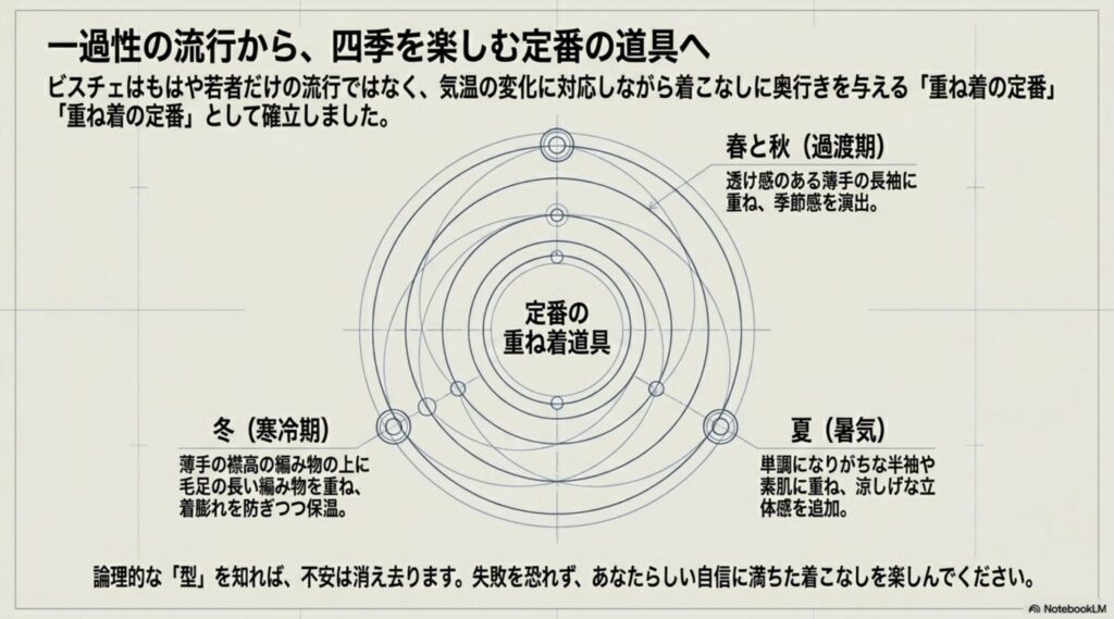 ビスチェは四季を楽しむ重ね着の定番道具。春と秋は透け感のある薄手の長袖に重ねて季節感を演出。夏は半袖や素肌に重ねて涼しげな立体感を追加。冬は薄手の襟高ニットの上に重ねて着膨れを防ぎつつ保温。