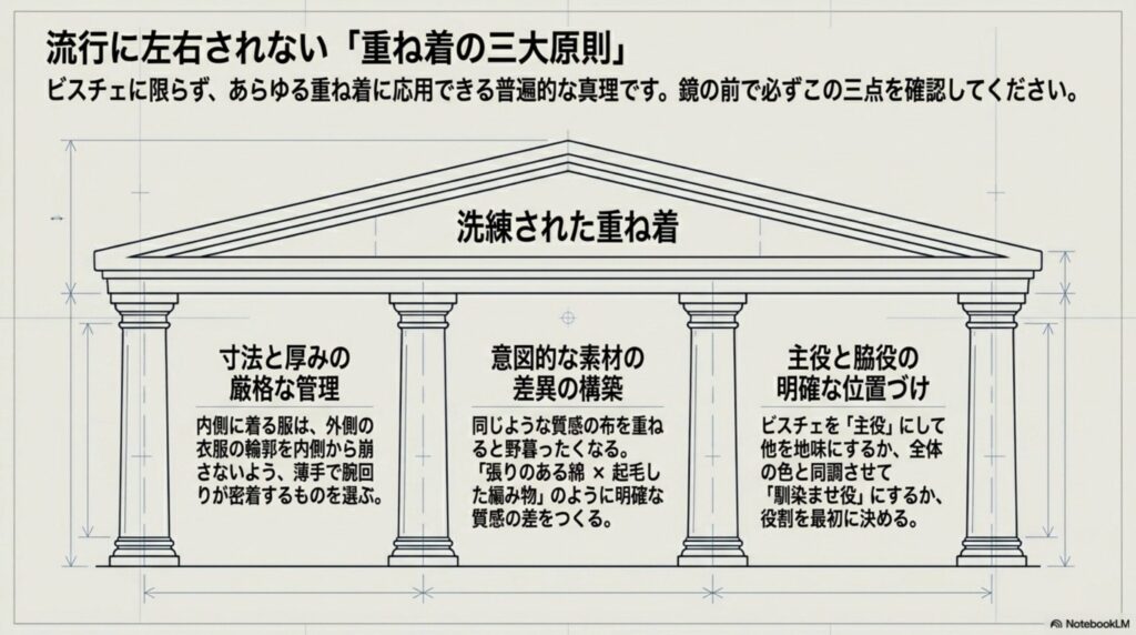 流行に左右されない「重ね着の三大原則」。寸法と厚みの厳格な管理（内側に着る服は薄手で密着するものを選ぶ）、意図的な素材の差異の構築（綿と起毛素材など明確な質感の差をつくる）、主役と脇役の明確な位置づけ（ビスチェを主役にするか馴染ませ役にするか役割を決める）。
