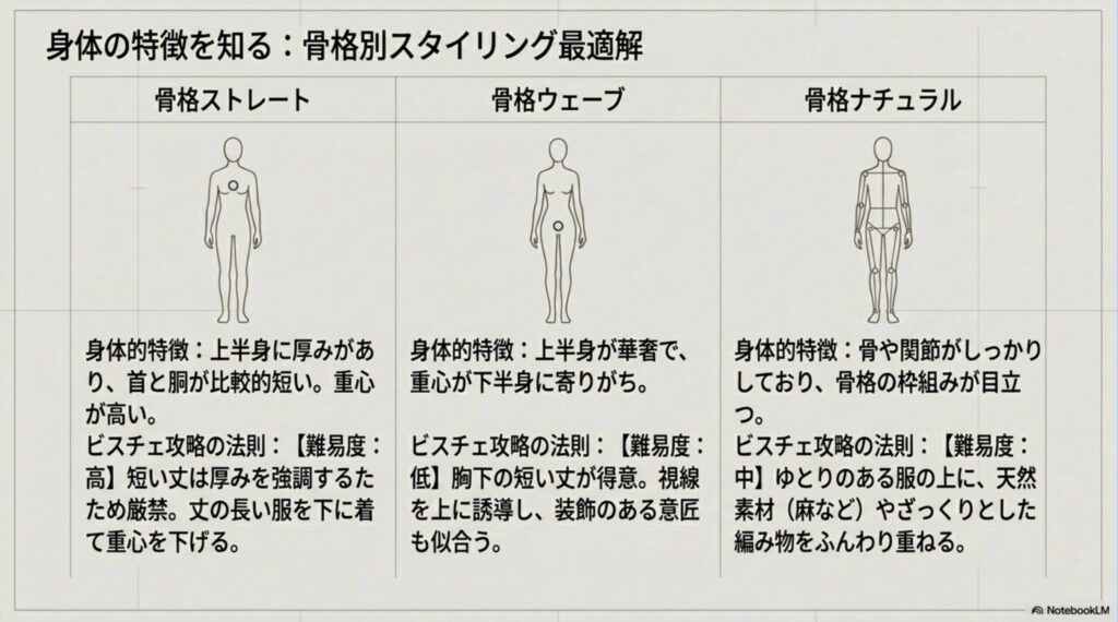 最難関「骨格ストレート」を美しく見せる錯覚戦略。上半身の立体感を活かしつつ、着太りを防ぐための「長さの継ぎ足し」を行い、重心を下げるスタイリング方法。