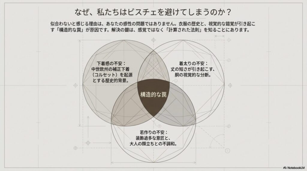 なぜビスチェを避けてしまうのか？似合わない原因は感性ではなく構造的な罠。下着感の不安（コルセットの歴史）、着太りの不安（胴の視覚的な分断）、若作りの不安（大人の顔立ちとの不調和）という3つの原因。