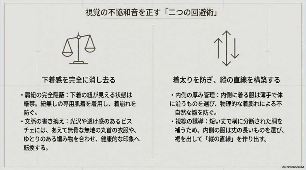 視覚の不協和音を正す二つの回避術。下着感を完全に消し去る（肩紐の完全隠蔽、文脈の書き換え）、着太りを防ぎ縦の直線を構築する（内側の厚み管理、視線の誘導）。