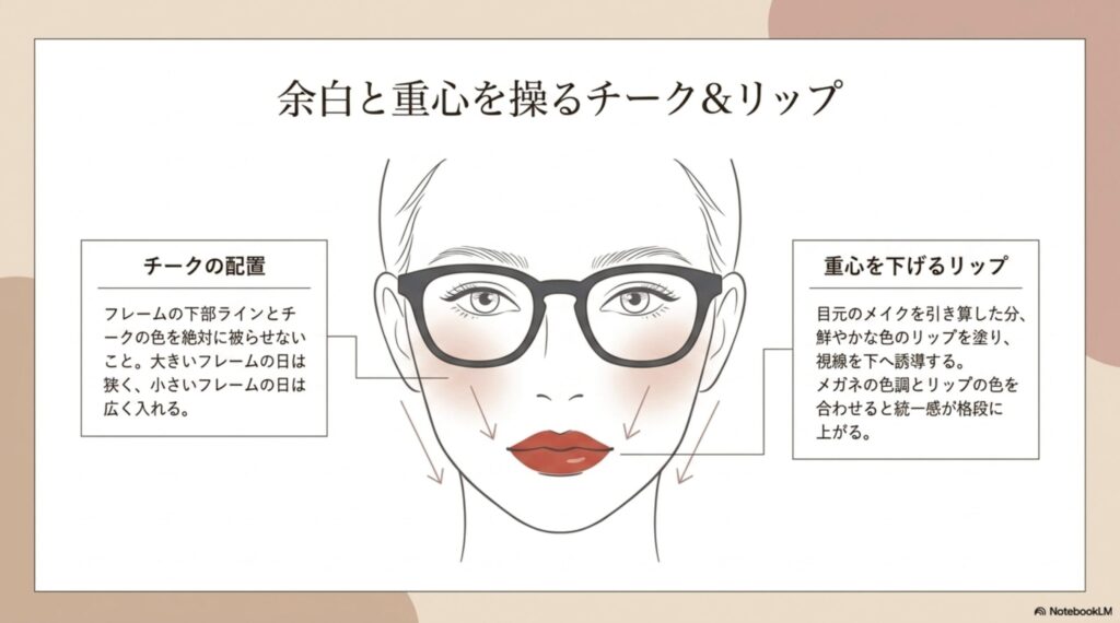 チークをフレームと被らせない配置のコツと、鮮やかなリップで重心を下げてメガネとの統一感を出すテクニック。