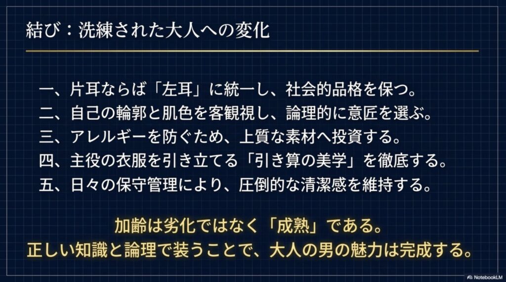 着用位置、意匠選び、素材、引き算の美学、保守管理の5つのポイントをまとめた洗練された大人への変化指南