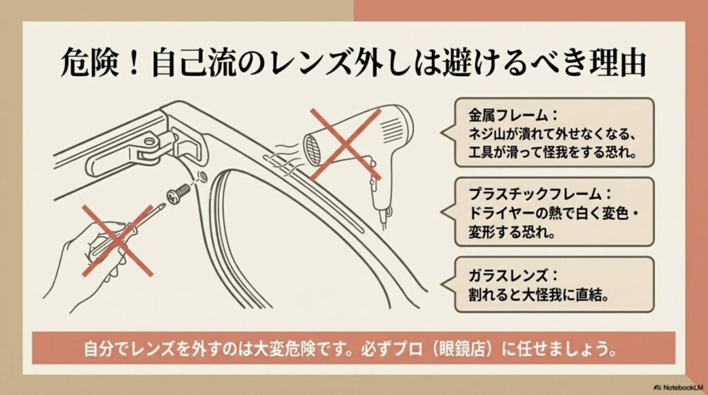 金属・プラスチックフレーム、ガラスレンズを自分で外す際のリスク（ネジ山潰れ、変形、怪我など）の注意喚起。