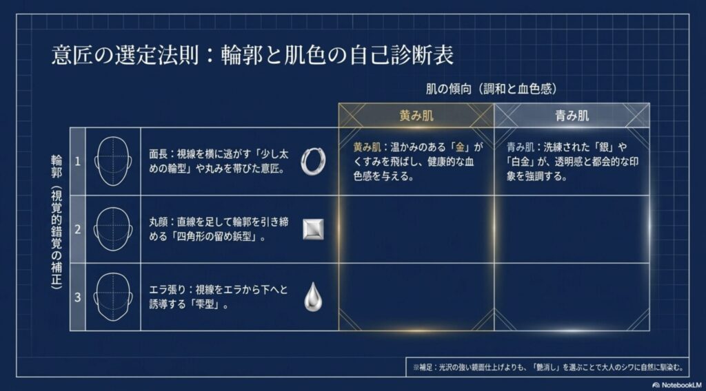 面長や丸顔などの輪郭とイエベ・ブルベなどの肌色に合わせたピアスデザインの自己診断表