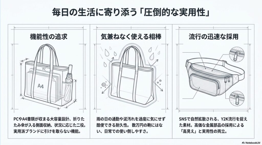 大容量設計、耐久性、高見えするデザインなど、D.KELLYのバッグの圧倒的な実用性を説明する図解。