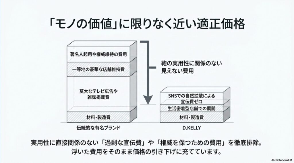 一般的なブランドとD.KELLYのコスト構造の比較。過剰な宣伝費や店舗維持費を排除し適正価格を実現する図解。