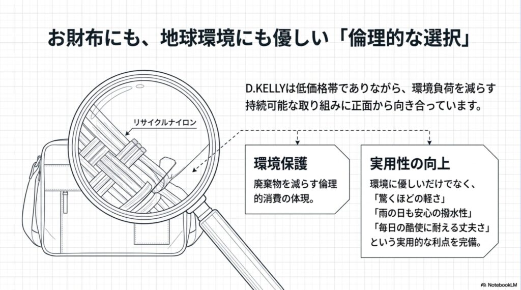 環境保護と実用性の向上を両立させる、D.KELLYのリサイクルナイロン素材の魅力を示す図。