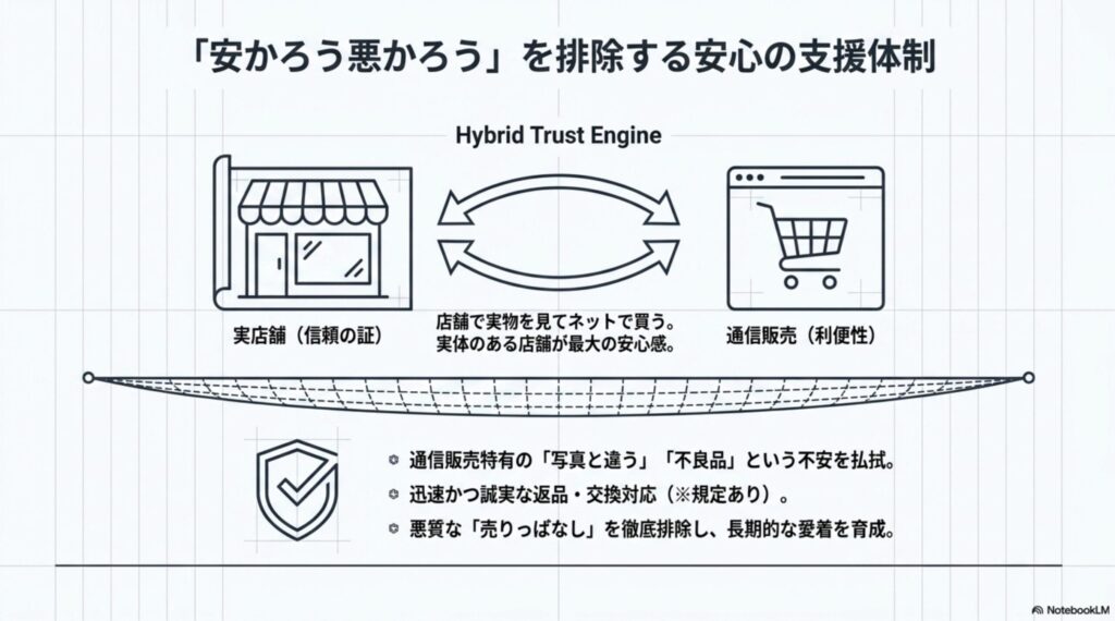 実店舗での確認と通信販売の利便性を組み合わせた、D.KELLYの安心のハイブリッド支援体制の図解。