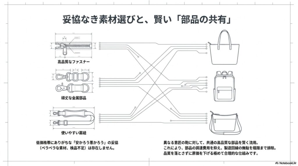 高品質なファスナーや金具など共通の部品を複数の鞄に流用し、品質を落とさずに原価を下げる仕組みの図解。
