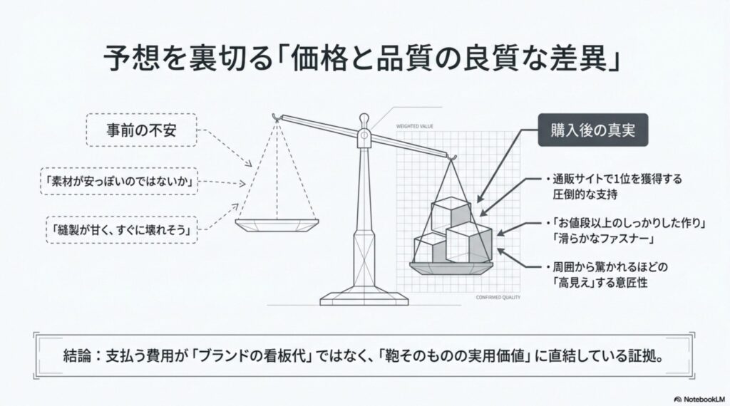 事前の不安と購入後の真実を比較する天秤の図。価格と品質の良質な差異を示す。