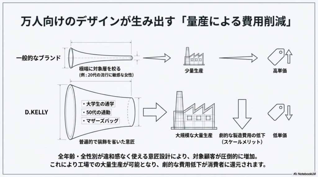ターゲット層を限定せず大量生産を行うことで劇的な製造費用の低下（スケールメリット）を生む仕組みの図。