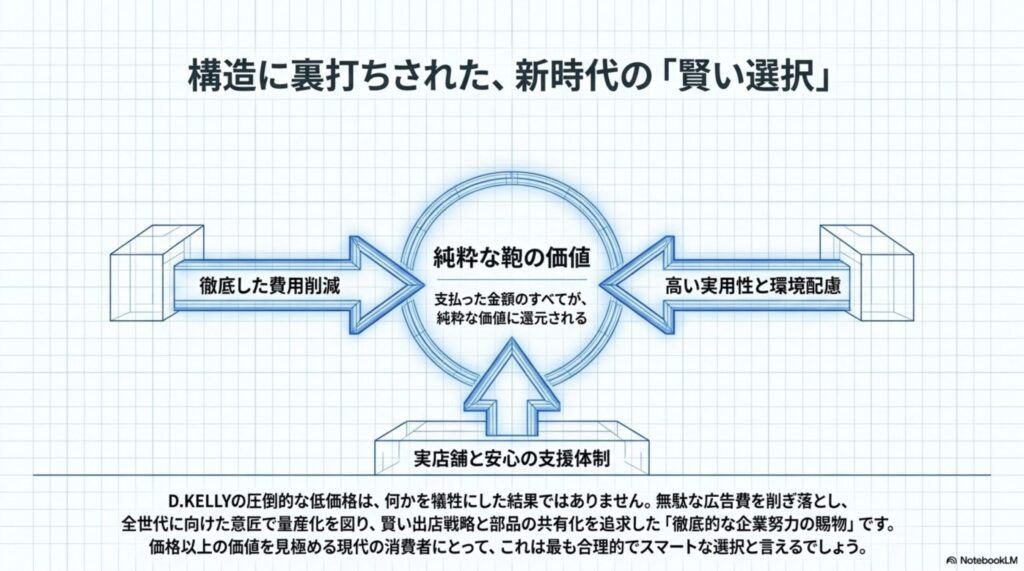徹底した費用削減、高い実用性と環境配慮、安心の支援体制が純粋な鞄の価値に還元される構造を示す図解。