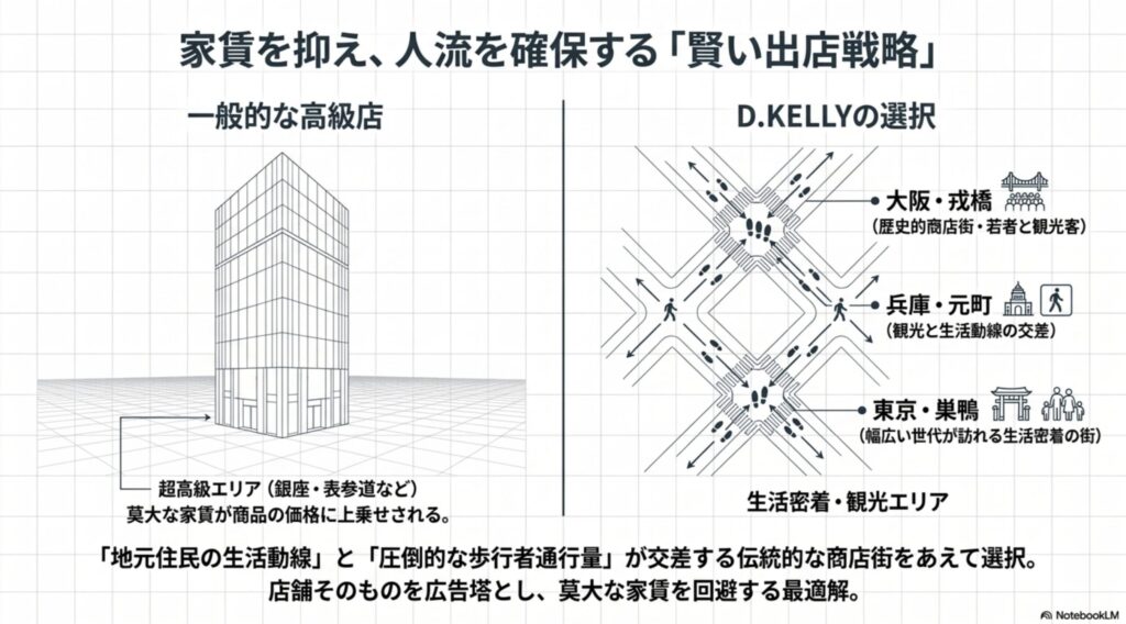 超高級エリアを避け、生活動線と観光客が交差するエリアに出店するD.KELLYの賢い立地戦略の図。