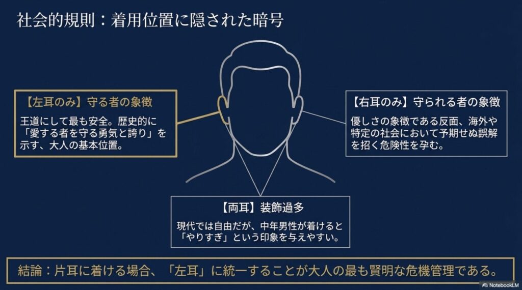 左耳は守る者の象徴、右耳は守られる者の象徴など、ピアスの着用位置に隠された社会的規則と暗号