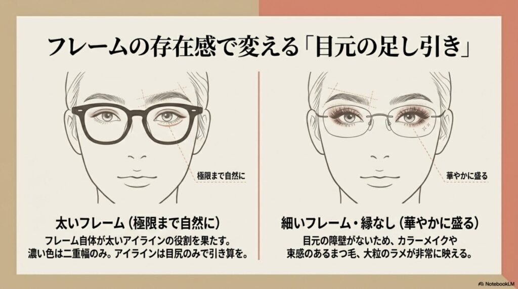 太いフレーム（ナチュラルに仕上げる）と細いフレーム・縁なし（華やかに盛る）それぞれのメイクポイント解説。