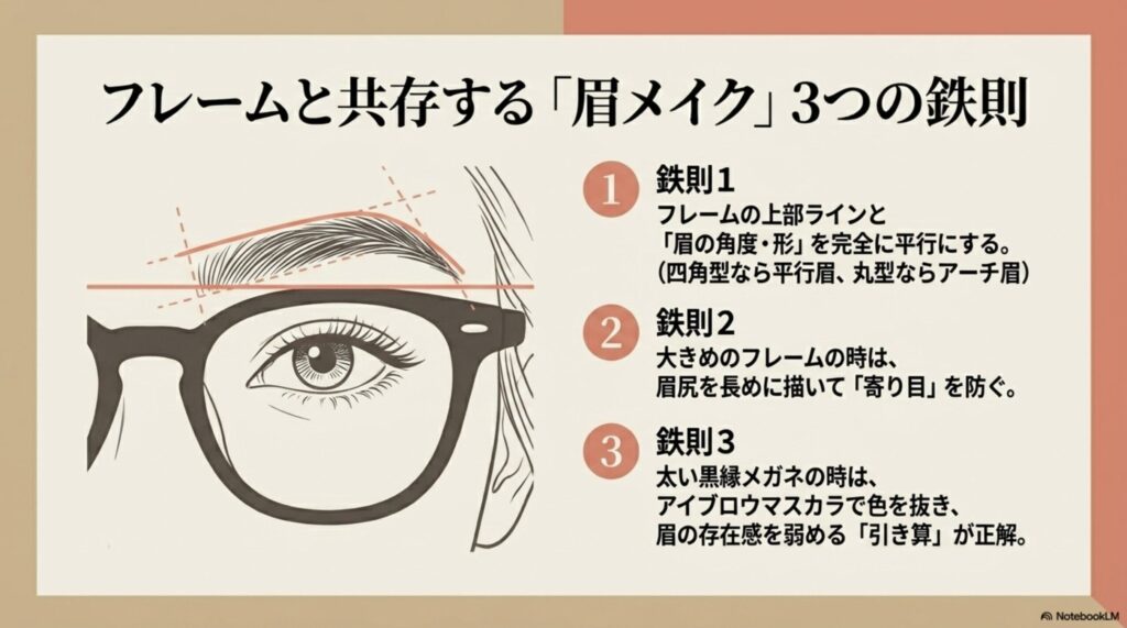 眉の角度をフレームに合わせる、眉尻の長さで余白を調整する、太いフレームには引き算メイクをする、という3つの鉄則。
