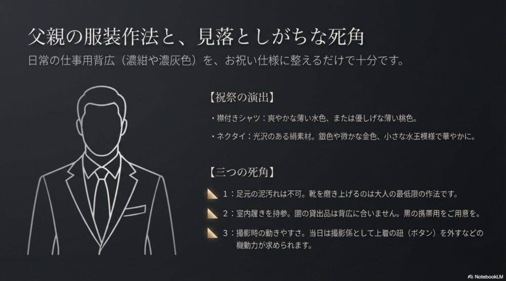 父親のスーツを祝祭仕様にするシャツ・ネクタイの選び方と、足元の汚れや室内履きなどの見落としがちな注意点