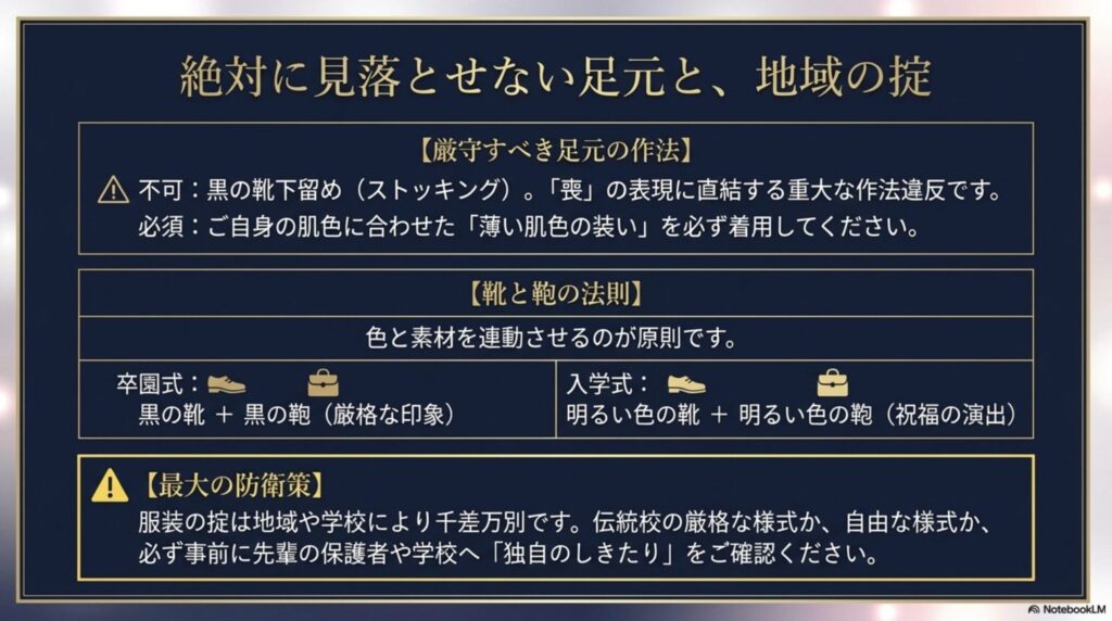 薄い肌色の装い（ストッキング）着用の必須ルールなどの足元の作法と、学校や地域による独自の服装の掟についての注意点