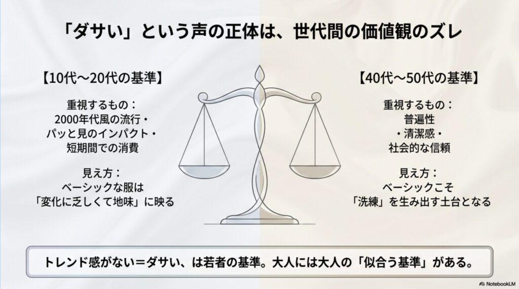 ダサいという声の正体は世代間の価値観のズレ。10代〜20代のトレンド重視の基準と、40代〜50代の普遍性・清潔感を重視する基準の比較。